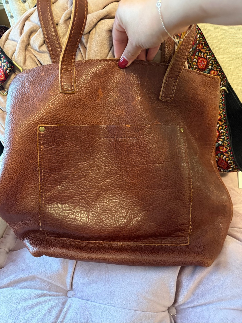 Portland Leather Cognac Pebbled Leather Tote with Front Pocket